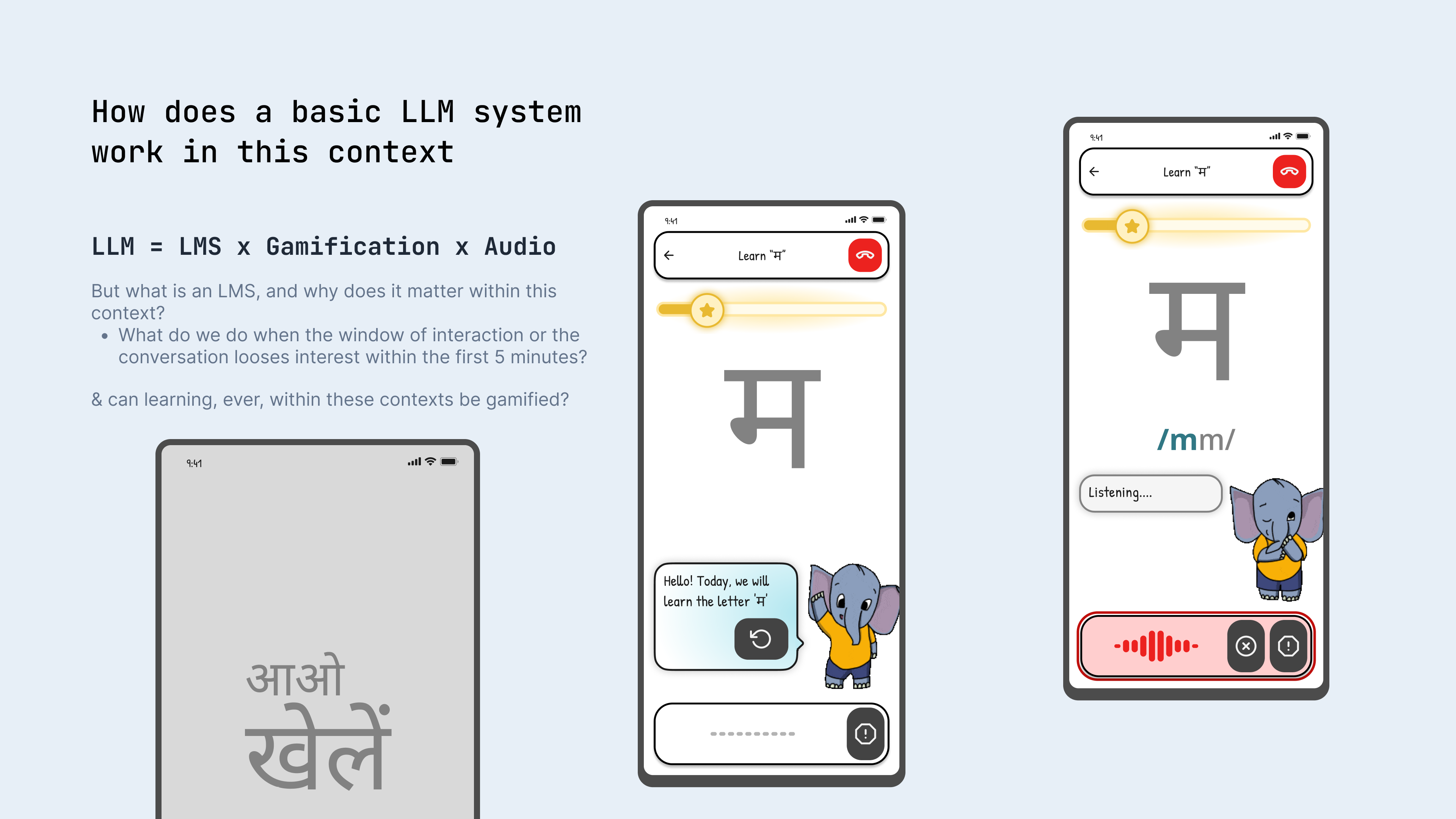 Slide showing Appu learning flow on mobile with Hindi letter ‘म’, and the framing 'LLM = LMS × Gamification × Audio'.