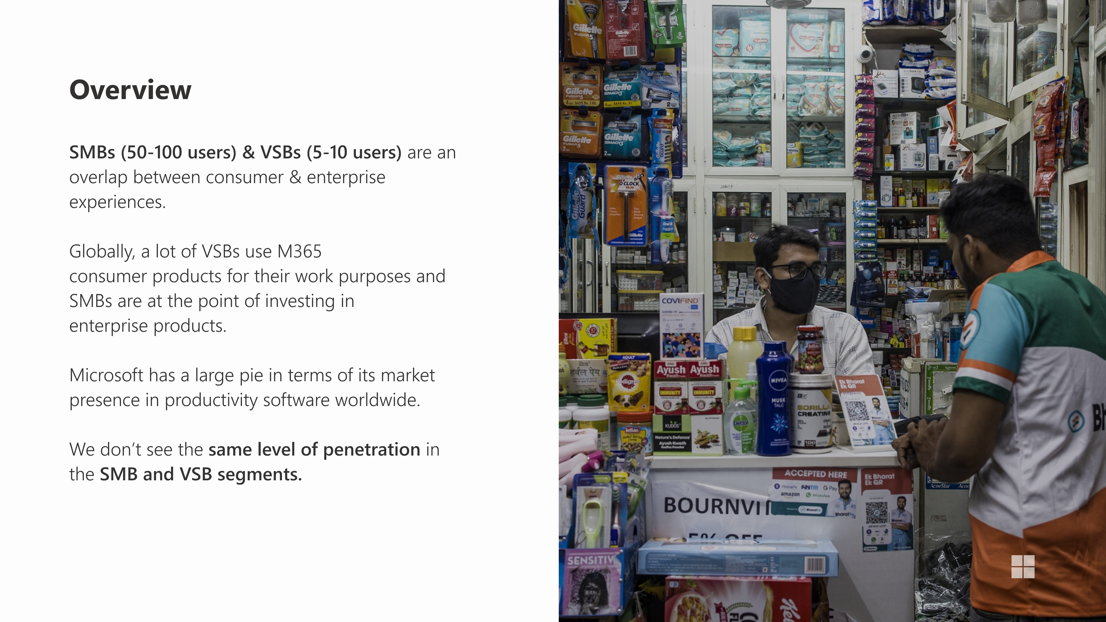 Overview slide about SMBs and very small businesses, paired with a photo of a shop counter in India.