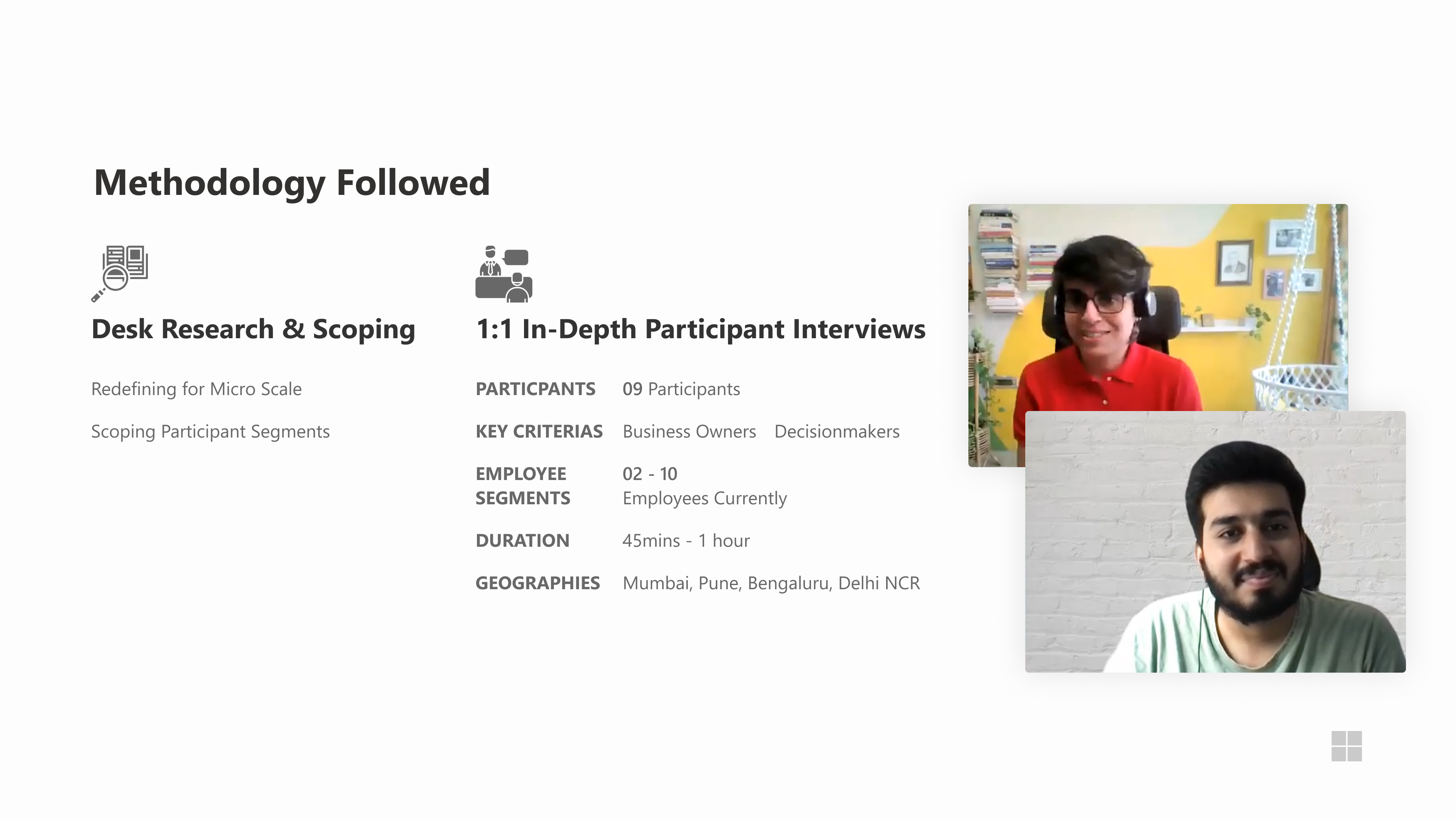 Methodology slide summarizing desk research and in-depth participant interviews, with interview call screenshots.