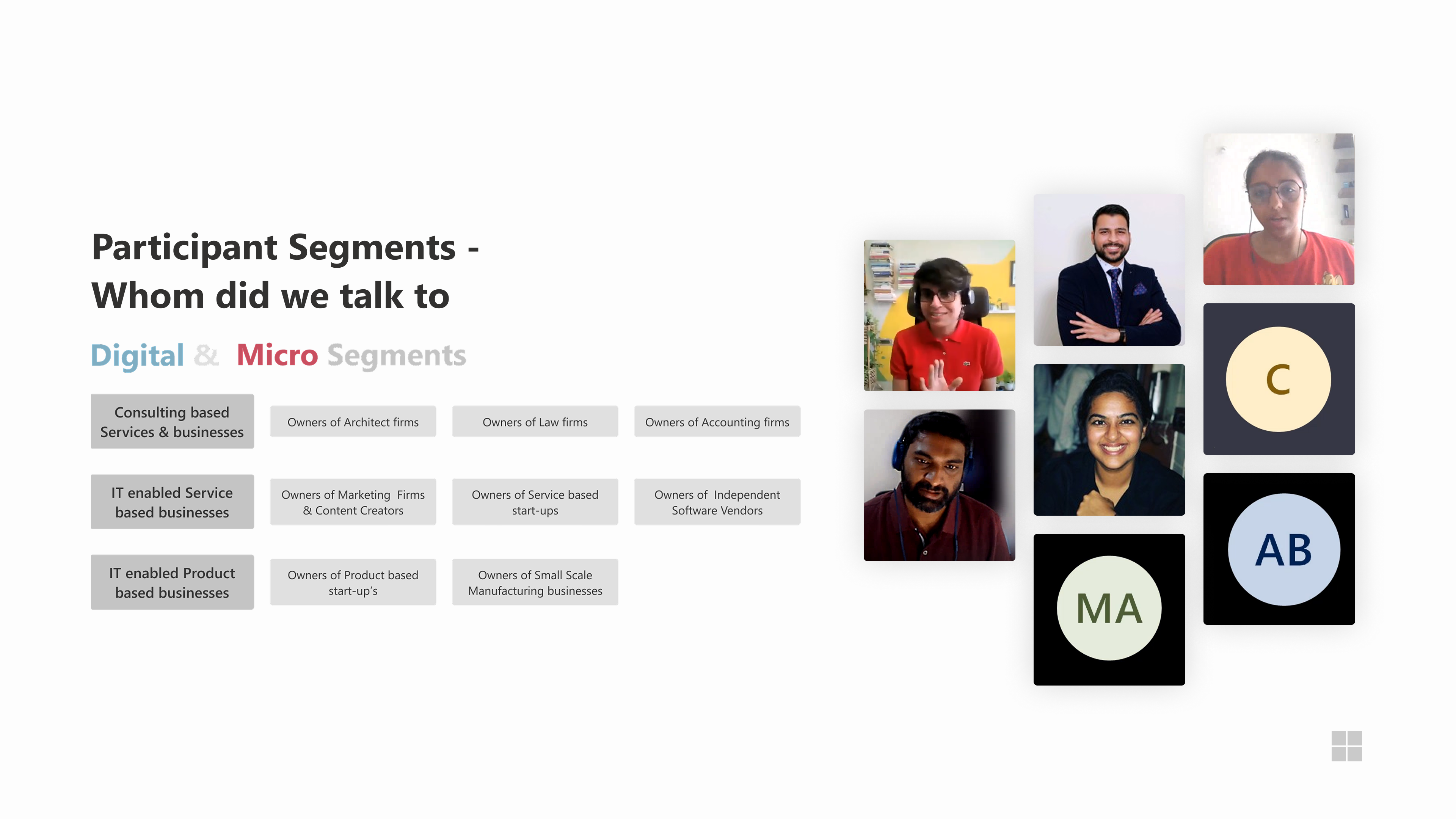 Participant segments slide listing digital and micro segments with multiple participant tiles.