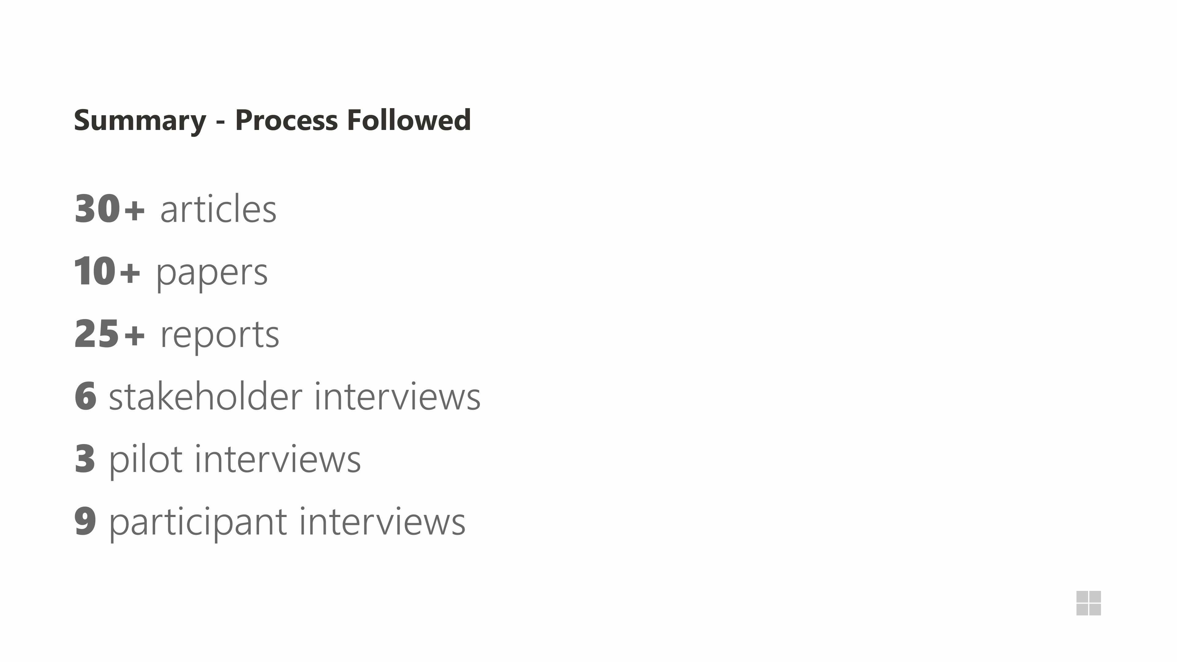 Summary slide listing research outputs: 30+ articles, 10+ papers, 25+ reports, stakeholder and participant interviews.