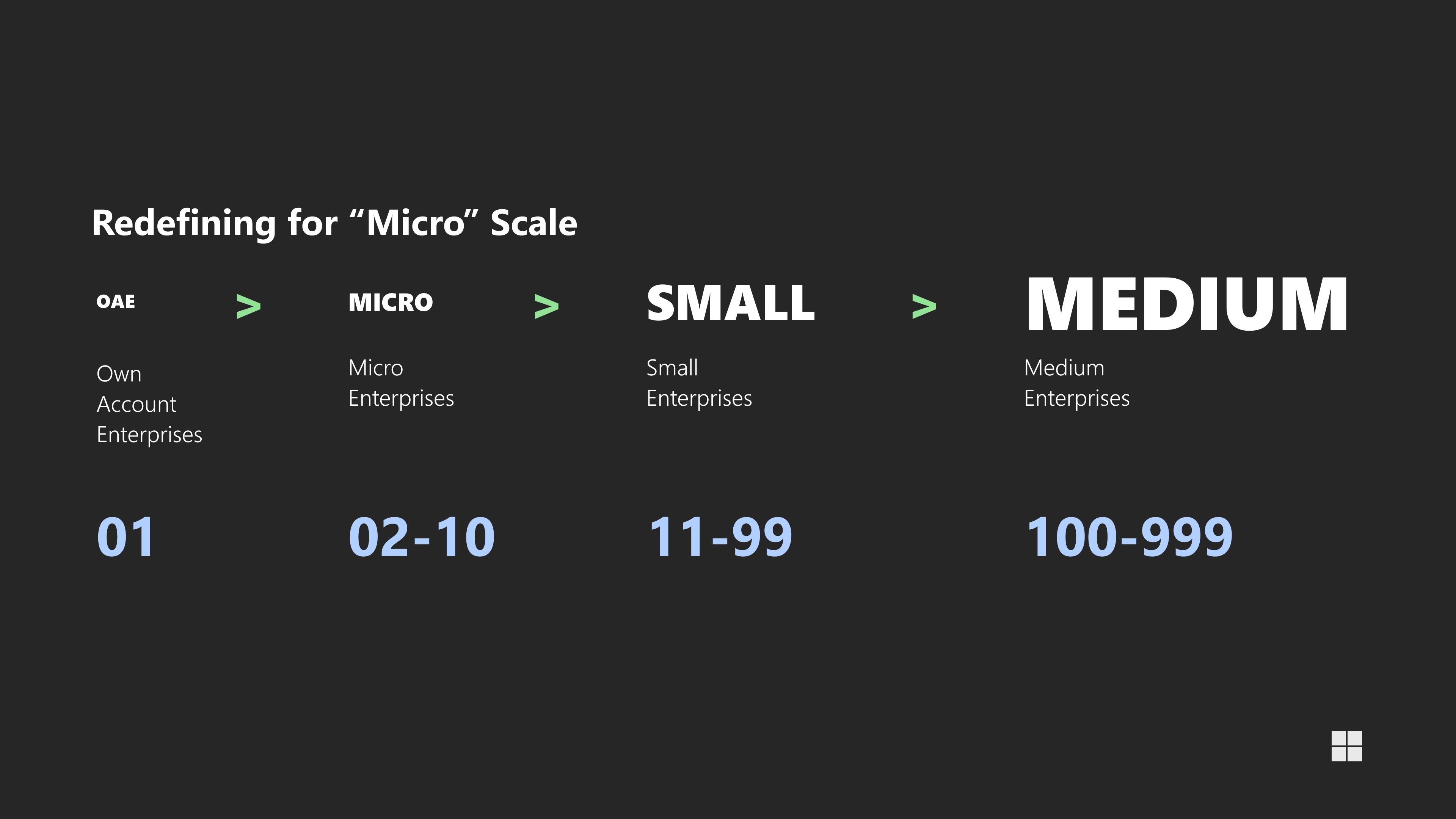 Scale definition slide showing OAE, Micro (2–10), Small (11–99), and Medium (100–999) enterprises.